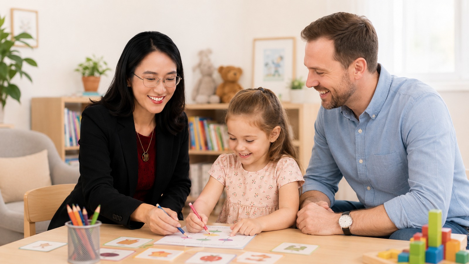 Dr Tammi with a child and parent drawing together