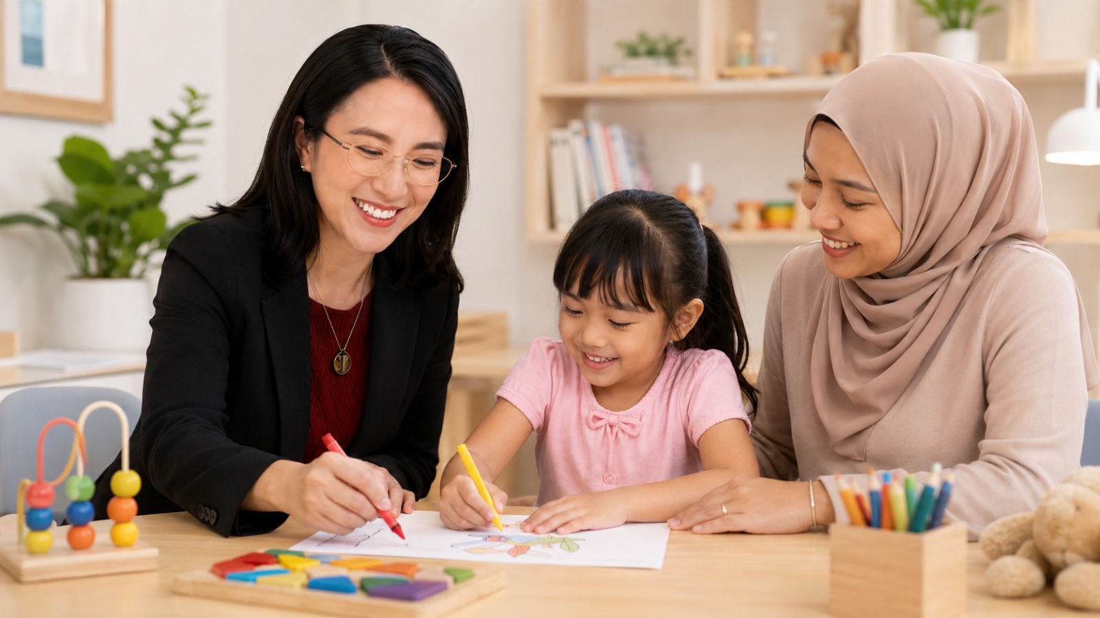 Dr Tammi with a child and mother in a colouring session