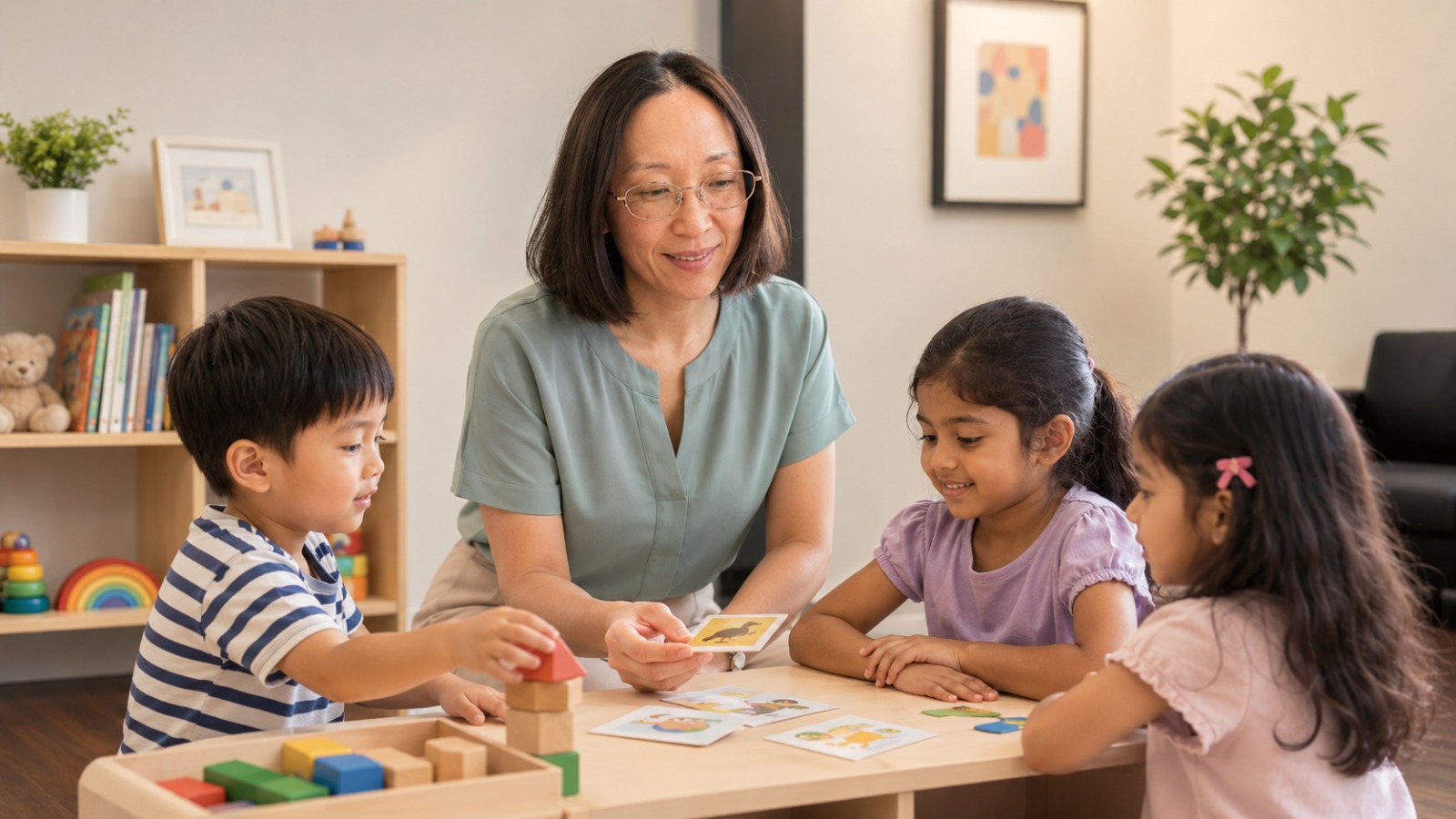 Dr Tammi with children at a play-based assessment table